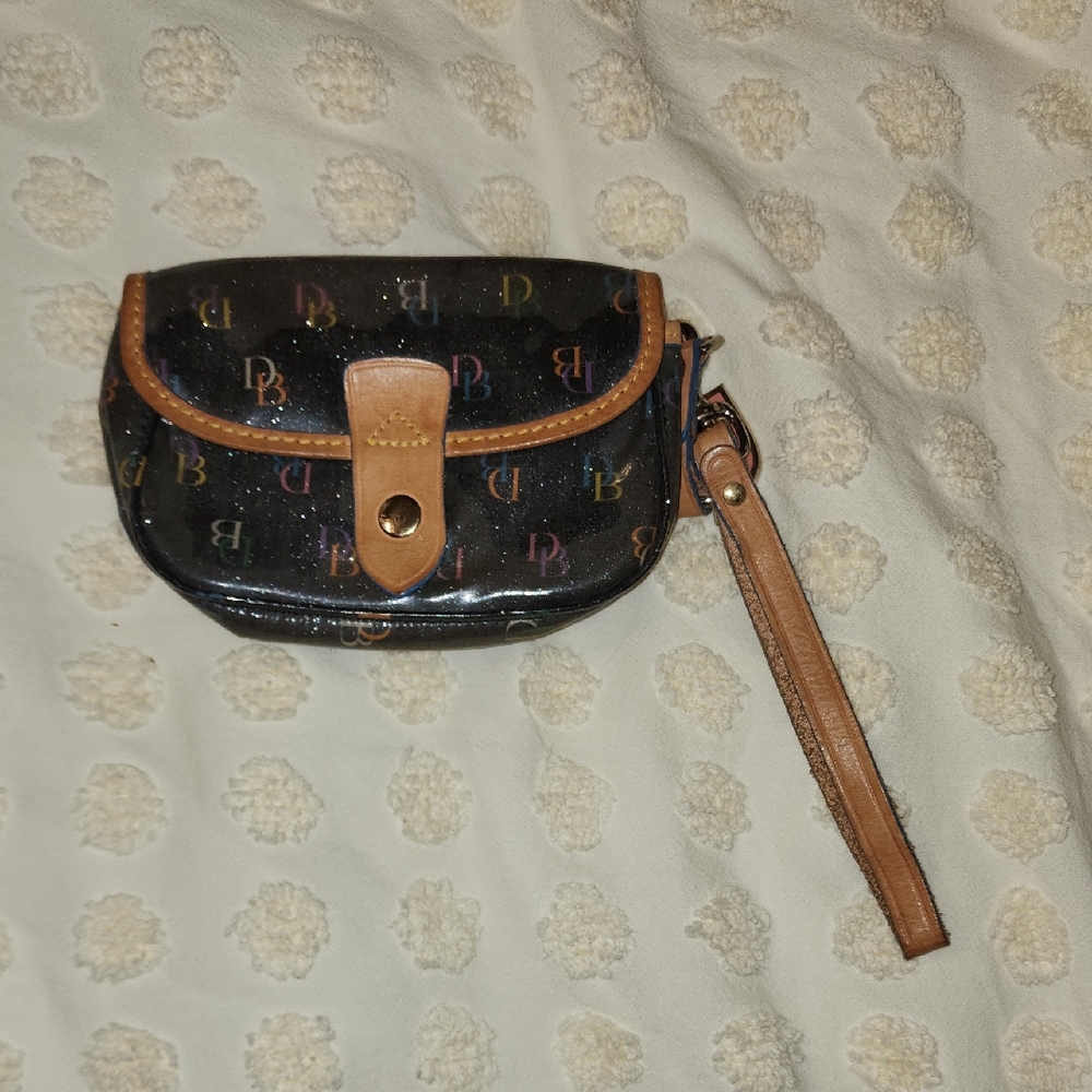 Dooney & Bourke Black Multicolor Logo Wristlet with Tan Trim Y2K Vintage 2000s